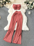 Runhufu Korean Style Hotsweet Sets Sexy Strapless Short Tops+Basics High Waist Split Wide Leg Pants Fashion Casual Beach Suits