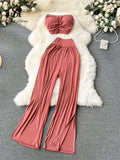 Runhufu Korean Style Hotsweet Sets Sexy Strapless Short Tops+Basics High Waist Split Wide Leg Pants Fashion Casual Beach Suits