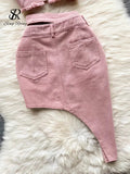 Runhufu Denim Pink Sexy Women Sets Zipper Sashes Button Pocket Irregular Strapless Backless Top Denim Skirt Two Piece Set