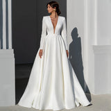 Runhufu 2024 A-Line Wedding Dresses V-Neck Long Sleeve Dress Boho Beach Backless Princess Wedding Evening Prom Gowns Plus Size