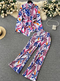 Runhufu Autumn Print Suits Single Breasted Cardigan Bow Irregular Blouse+Pleated Wide Leg Long Pants Women Senior Vintage Sets