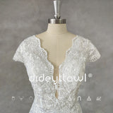 Runhufu Real Picture Deep V-Neck Appliques Cap Sleeves Tulle Mermaid Wedding Dress Illusion Back Court Train Bridal Gown