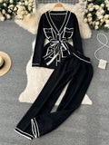 Runhufu Fashion Sweater Two Pieces Sets Ladies Long Sleeve Knit Cardigan+Wide Leg Long Pant Sets Women OL Loose Knitted Suits