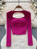 Runhufu Women Sporty Tops Square Collar Long Sleeve Backless Kink With Chest Pad Slim Fit American Streetwear Sexy Mini Blouse