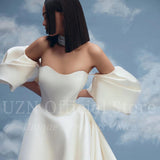 Runhufu White A-Line Wedding Dresses Puff Sleeve Long Satin Bridal Gowns Elegant Boho Beach Evening Wedding Prom Gowns Custom Size