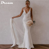 Runhufu Deep V Neck Crepe Detachable Train Mermaid Wedding Dress 2024 Plain Sleeveless Open Back Simple Bridal Gowns Elegant