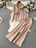 Runhufu Office Lady Three Pieces Suits Loose Belt Cardigan+Tank Tops+Drawstring Wide Legs Long Pants Autumn Fashion Solid Sets