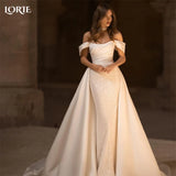 Runhufu Glitter Satin Off Shoulder Wedding Dresses Two-piece Detachable Train Bridal Gowns Lace Up Backless Princess Bride Gown