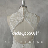 Runhufu Real Picture High-Neck Sleeveless Lace Mermaid Wedding Dress Cut Out Back Sweep Train Bridal Gown Custom Made