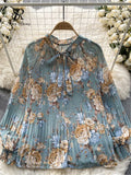 Runhufu Korean Print Chiffon Shirt Bow Neck Long Sleeves Loose Leopard Top Casual Paisley Vintage Floral Blouse Spring 2024