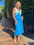 Runhufu Color Block Knitted Pleated Long Dress Elegant Summer Women Sleeveless V-Neck Wrapped Tank Dress Vintage Dresses