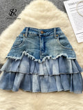 Runhufu Fashion Sexy Mini Skirt Women Chiffon Ruffled Edge Patchwork Denim Skirts American Vintage A Line Hotsweet Skirt