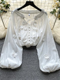 Runhufu Senior Embroider Loose Blouse Lace Up Bow V Neck Single Breasted Cardigan Long Puff Sleeves Women Gentle Solid Shirt