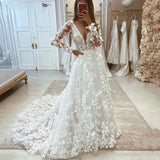 Runhufu Luxury Boho Lace Wedding Dresses V-Neck Full Applique Princess Bridal Gowns Long Sleeves Sweep Train Bride Dress