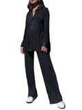 Runhufu Women Pleated 2 Piece Pants Sets Spring Summer Streetwear Long Sleeve Button Down Shirt+Straight-Leg Pants Loose Outfits