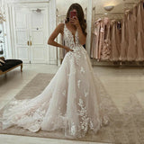 Runhufu Wedding Dresses Tulle A-Line 3D Lace Bride Dress V-Neck Boho Wedding Gowns Sleeveless 2024 Party Dress