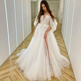 Runhufu Tulle A Line Wedding Dresses 3D Flowers Off Shoulder High Split Beach Bridal Gowns Backless Long Wedding Bride Dress