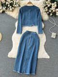 Runhufu Women Office Lady Denim Suits 2024 Long Sleeves Autumn Blouse+Split Long Skirt Vintage Fashion Jeans Two Pieces Sets