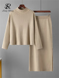 Runhufu Fashion Autumn Sweater Two Pieces Suits Women Loose Warm Pullovers+Split Long Skirt 2024 Winter Casual Knitted Sets