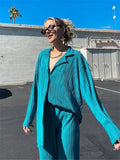 Runhufu Women Pleated 2 Piece Pants Sets Spring Summer Streetwear Long Sleeve Button Down Shirt+Straight-Leg Pants Loose Outfits