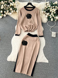 Runhufu Floral Design Knitted Suits O Neck Loose Pullover+Midi Bodycon Skirt Korean Style Women Autumn Casual Sweater Sets