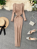 Runhufu Women Autumn Knitted Dress V Neck Sexy Slim Elastic Oversized Basic Bodycon Long Dress Winter knit Warm Sweater Dresses