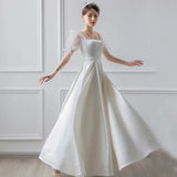 Runhufu Square Collar Satin Wedding Dresses Simple Suknia Slubna With Princess Puff Sleeves New Elegant A Line Robe De Mariee