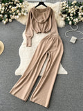 Runhufu Fashion Casual Sports Knitted Suits Zipper Hoodie+Elastic Waist Drawstring Wide Legs Long Pants Winter Two Pieces Sets