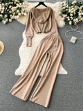 Runhufu Fashion Casual Sports Knitted Suits Zipper Hoodie+Elastic Waist Drawstring Wide Legs Long Pants Winter Two Pieces Sets