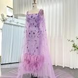 Runhufu Said Dubai Luxury Feathers Lilac Evening Dress with Cape Sleeves Ankle Length Midi Arabic Women Wedding Party Gowns SS381