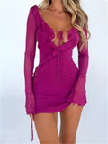 Runhufu Black Bodycon Dress Spring Summer Sexy Mesh Long Sleeves Ruffles Deep V Tie-Up Short Dress Women Party Streetwear