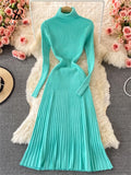 Runhufu Women Pleated Knitted Dress Turtleneck Long Sleeve Elastic Slim Pencil Dress Autumn Winter Sexy Bodycon Sweater Dress