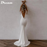 Runhufu Deep V Neck Crepe Detachable Train Mermaid Wedding Dress 2024 Plain Sleeveless Open Back Simple Bridal Gowns Elegant