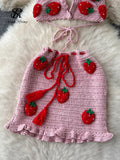 Runhufu Summer Knitted Beach Two Pieces Sets 2024 Sleeveless Strap Top+Mini Skirt Sets Strawberry Sweet Ruffles Vacation Suits