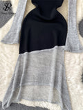 Runhufu Autumn Women Knitted Midi Dress Splice Irregular Diagonal Collar Lace Up Design New Fashion Elegant High Quality Dress