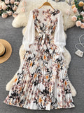 Runhufu Ethnic Style Print Dress Women Spring New Fashion Puff Sleeve Lace-up Design Sheath 2024 Retro A-Line Long Dress