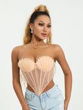 Runhufu Shell Mesh Sheer Crop Tube Top for Women Sexy Off-Shoulder Backless Lacing Strapless Pleated Irregular Hem Corsets Tops