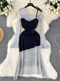 Runhufu Autumn Women Knitted Midi Dress Splice Irregular Diagonal Collar Lace Up Design New Fashion Elegant High Quality Dress