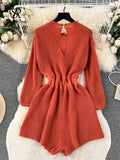 Runhufu Korean Style Casual Bodysuits O Neck Long Sleeves Hollow Out Backless Drawstring Elastic Waist Women Shorts Jumpsuits