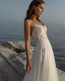 Runhufu Aviana Boho Lace Appliqué V-Neck Wedding Dress For Women A-Line Sleeveless Tulle Sweep Train Bridal Gown Robe De Mariée