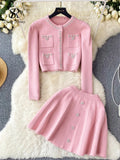 Runhufu Japan Style Pearls Knit Suits Hidden Breasted Pockets Cardigan+Mini Pleated A Line Skirt Women Sweet Streetwear Sets