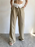 Runhufu Women High Waist Casual Straight Leg Pants Fashion Lapel Top Patchwork Zip Button Loose Long Trousers Chic Fall Bottoms
