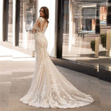 Runhufu Wedding Dresses Deep V-Neck Bridal Gowns Lace Appliques Long Sleeves Floor Length Robes For Brides Vestidos De Novia