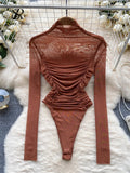 Runhufu Autumn Mesh Basic Top 2024 Women Turtleneck Long Sleeve Ruched Open Crotch Slim Playsuits Fashion Sheer Sexy Bodysuits