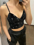 Runhufu Women Retro Velour Strap Tops Summer V Neck Sleeveless Backless Slim Tank Top Chic Print Sexy Off Shoulder Short Camis