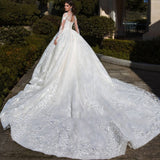 Runhufu Shining Wedding Dress Organza with Embroidery Ball Gown high O-Neck Full sleeve Bridal Gowns BackLace Up Robes De Mariée