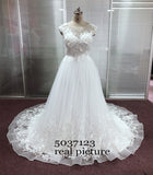 Runhufu Gown Illusion Scoop Wedding Dresses with Cap Sleeves Sexy Sleeveless V Back Lace Appliques Bridal Gowns Robe de Mariee