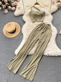 Runhufu Women Irregular Split Summer Set Pocket Slim Elastic Waist Solid Temperament Ladies Wide Leg Long Pants Two Piece Sets