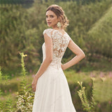 Runhufu A Line Wedding Dress 2023 Appliques Cap Sleeves Illusion Back For Women V Neck Bridal Gowns Robe De Mariée Court Train