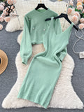 Runhufu Winter Beading Knitted Suits Women Loose Long Sleeve Beading Pullover+ Midi Dress Fashion Warm Sweater Two Piece Sets